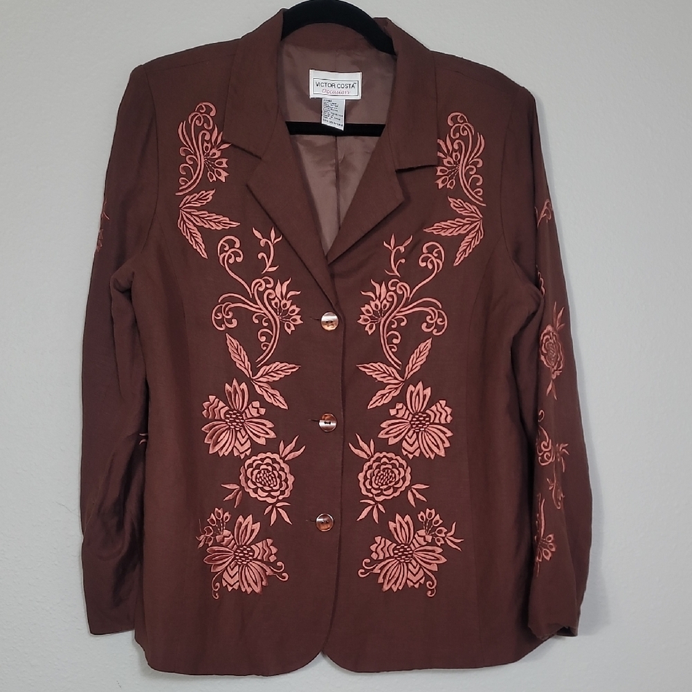 Victor Costa Embroidered Linen Blend Jacket Blazer Size M Button Up Brown Floral